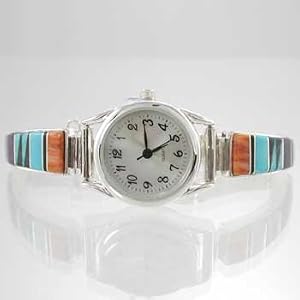 Turquoise and Sugilite Inlaid Sterling Silver Link Watch by Earl Plummer, #9946