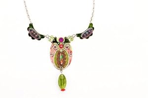 Adaya Tribal Style Necklace Set with Hand Painted Enameled Ornamented Links Crafted with Alpaca, Beads and Sparkling Swarovski Crystals; Handmade in Israel