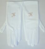 G111, White Wedding Short Nylon Dress Gloves with Ivory Monogram for Men Women and Teens