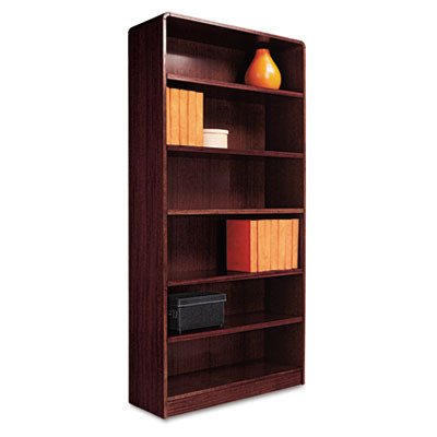 Alera Radius Corner Bookcase, Finished Back, Wood Veneer, 6-Shelf, 36 W by 12 D by 72 H, Mahogany