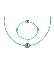 Les Poulettes Jewels - Necklace and Bracelet Set Dark Grey Pearl 8-9 mm with Turquoise Color Wax Cord