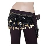 Belly Dance Hip Scarf Black, Gold Coins Lively Style, 100% Handmade
