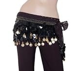 Belly Dance Hip Scarf Black, Gold Coins Lively Style, 100% Handmade
