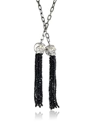 ROTENIER "Skull" Sterling Silver Lariat 2 Skulls Black Spinel Tassels on a Black Strand Necklace