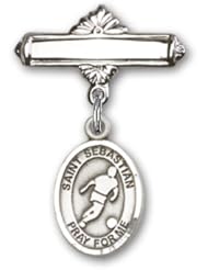 Sterling Silver Baby Badge with St. Sebastian/Soccer Charm and Polished Badge Pin