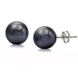 14k White Gold 8-9 mm Black Freshwater Cultured Pearl Perfect Round Beautiful Luster Stud Earring- Perfect for Valentine's Day Gift
