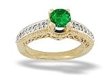 14K Yellow Gold Genuine Round Emerald and Diamond Ring