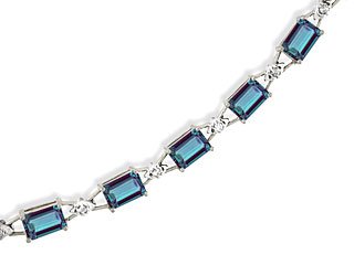 14K White Gold Emerald-cut Created Alexandrite and Diamond Bracelet