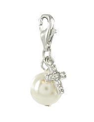 Oscaro Charms 925 Sterling Silver Pearl with Cross Click-on Charm Lobster Clasp for Thomas Sabo Style Bracelets and Necklace