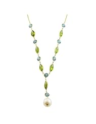 6 Cttw Peridot, Blue Topaz, Pearl 14 Karat Yellow Gold Lariat Necklace (16 inch)