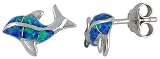 Sterling Silver, Synthetic Opal Dolphin Stud Earrings, 9/16 (14 mm) long.
