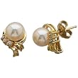 14K Yellow Gold Stylish Ribbon and White Pearl Diamond Earrings