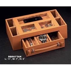 Genuine Tan Leather Valet Jewelry Box w  Pen and Watch Drawer