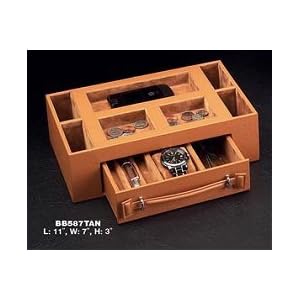 Genuine Tan Leather Valet Jewelry Box w  Pen and Watch Drawer