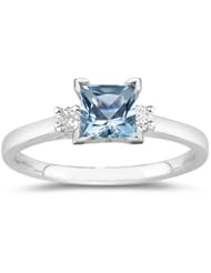 0.10 Cts Diamond & 0.65 Cts Aquamarine Ring in 14K White Gold