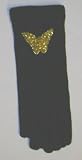 G112, Hand Trimmed Black Wool Jersey One Size Gloves Trimmed with Silver or Gold Sequin Butterfly for Women and Teens