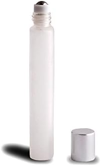 12pc Slim Roll-On (1/3 oz) 10ml Frosted Glass with Stainless Steel Roller and Silver Cap