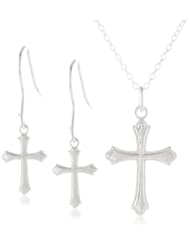 Sterling Silver Cross Pendant Necklace, 18" and Drop French Wire Earrings Set