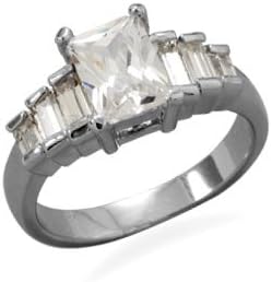 Rectangular Stone Cubic Zirconia Engagement Ring with Baguettes Rhodium on Sterling Silver, 9