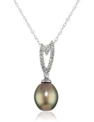 14K White Gold, Tahitian Cultured Pearl and Diamond Pendant Necklace (0.1 cttw, GH Color, I1-I2 Clarity), 17"