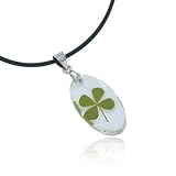 Chuvora Real Irish Four Leaf Clover, Symbol of Good Luck, Clear Oval Pendant Necklace Fashion Jewelry, St.Patrick's day gift