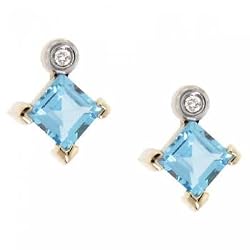 Princess Blue Topaz & Diamond Stud Earrings in White Yellow 2Tone Gold