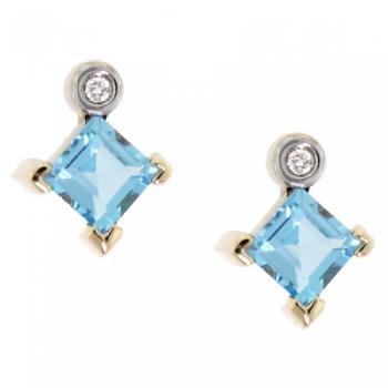 New Blue Princess Shape Topaz Diamond Yellow And White Gold 10K Earrings
