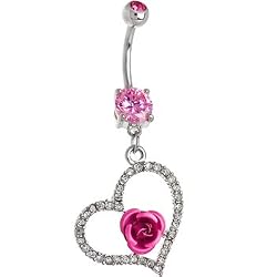 Pink Gem Heart Metallic Rose Belly Ring