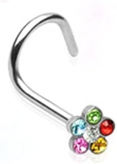 18g Surgical Steel Nose Ring Screw Body Jewelry Piercing with Rainbow Gem Flower 18 Gauge 7Z ACC Body Jewelry™