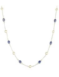 Sterling Silver Chain, Freshwater Pearl and 8 Station Blue Onyx Cabochon Necklace