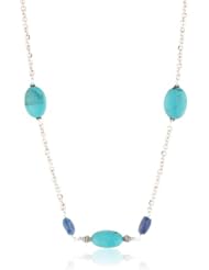Silver Tone Chain Endless with Turquoise Oval Beads and Lapis Nugget Stations and Sterling Silver Beads Necklace, 30"