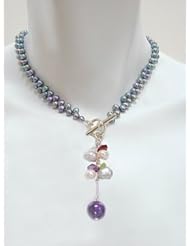 Peacock Freshwater Pearl Necklace with Pearl and Semiprecious Stone Drop