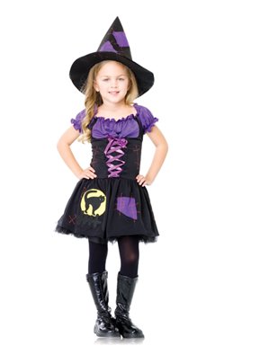 2Pc Black Cat Witch, Includes Patchwork Peasant Dress And Hat (Black/Purple;Child Large)