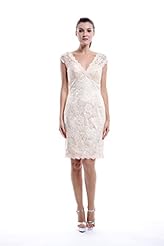 V-neck Natural   Waistline Sheath Knee Length Short Lace Bridesmaid Dress 