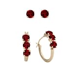 10k Yellow Gold Garnet Stud and Hoop Earrings Box Set