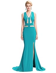 V-neck  Floor Length Sleeveless Slit Open-Back Sheer Backless Illusion Tulle  Ball Gown Party Dress 