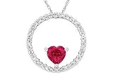 3/4 Carat created Ruby and Diamond 14K White Gold Circle Pendant w/Chain