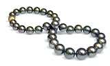 12 x 15mm black green Tahitian south sea cultured pearl necklace 16