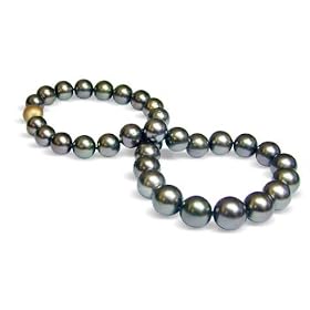 12 x 15mm black green Tahitian south sea cultured pearl necklace 16 by American Pearl