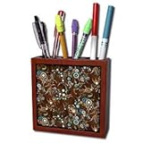 IMAGE OF Lee Hiller Designs General Themes - Brown Teal Gold Olive Aqua Bubble Swirls - Tile Pen Holders-5 inch tile pen holder