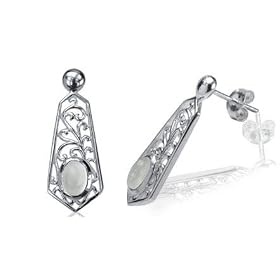 Oval Moonstone Bead Filigree Drop Earrings Sterling Silver by 