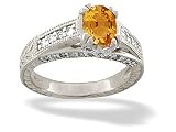 14K White Gold Genuine Oval Citrine and Diamond Antique Style Ring