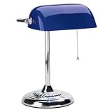 Bankers Table Lamp, 14 High, Chrome Base with Cobalt Blue Shade and Pull Chain CEB20004