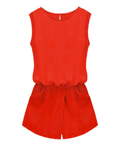 Allegra K Women Round Neck Sleeveless Front Pockets Casual Rompers Red XS