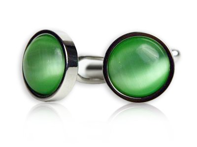 Timeless Round Light Green Catseye Cufflinks Framed in Silver with Presentation Box