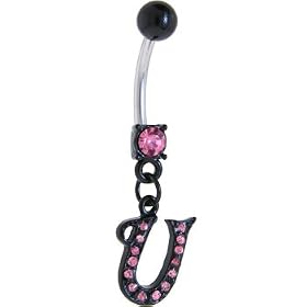 Black Anodized PINK Jeweled Initial Belly Ring-LETTER "U" by 