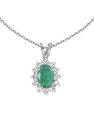 14k White Gold Oval Emerald And Diamond Pendant with 18" Chain