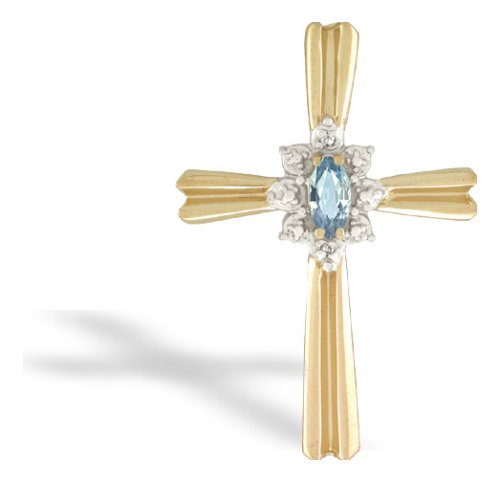 14K Yellow Gold Genuine Marquise Aquamarine and Diamond Cross Pendant
