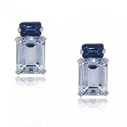 Genuine Aquamarine & Blue Topaz Stud Earrings in Solid White Gold