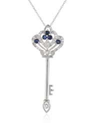 XPY 10k White-Gold Blue Sapphire and Diamond-Accent Royal Key Pendant Necklace (.13cttw, I-J Color, I3 Clarity), 18"